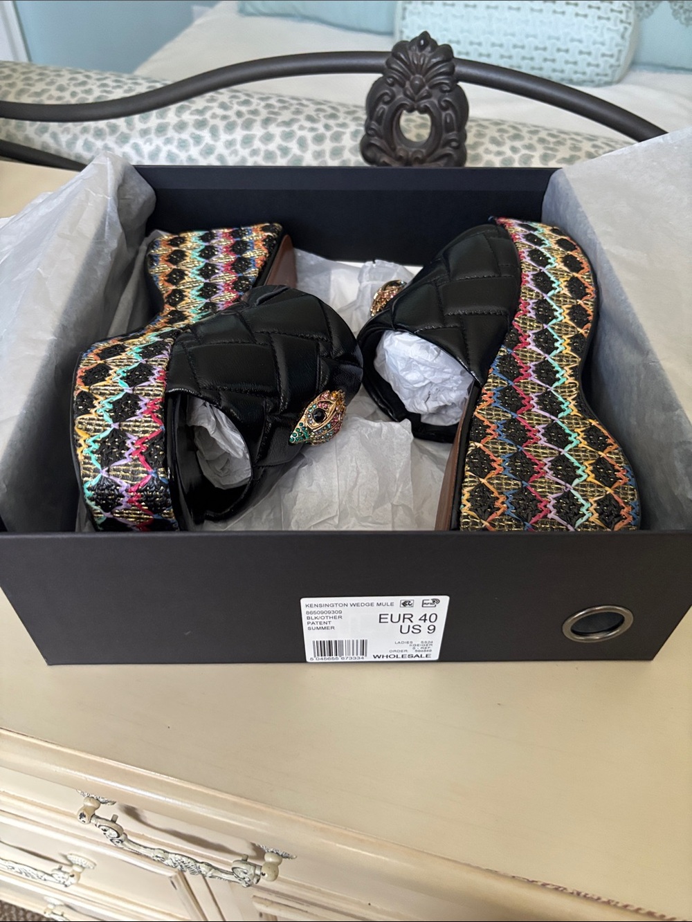 Kurt Geiger Black Quilted Platform Slide Mules with Multicolor Woven Sole - Picture 7 of 8